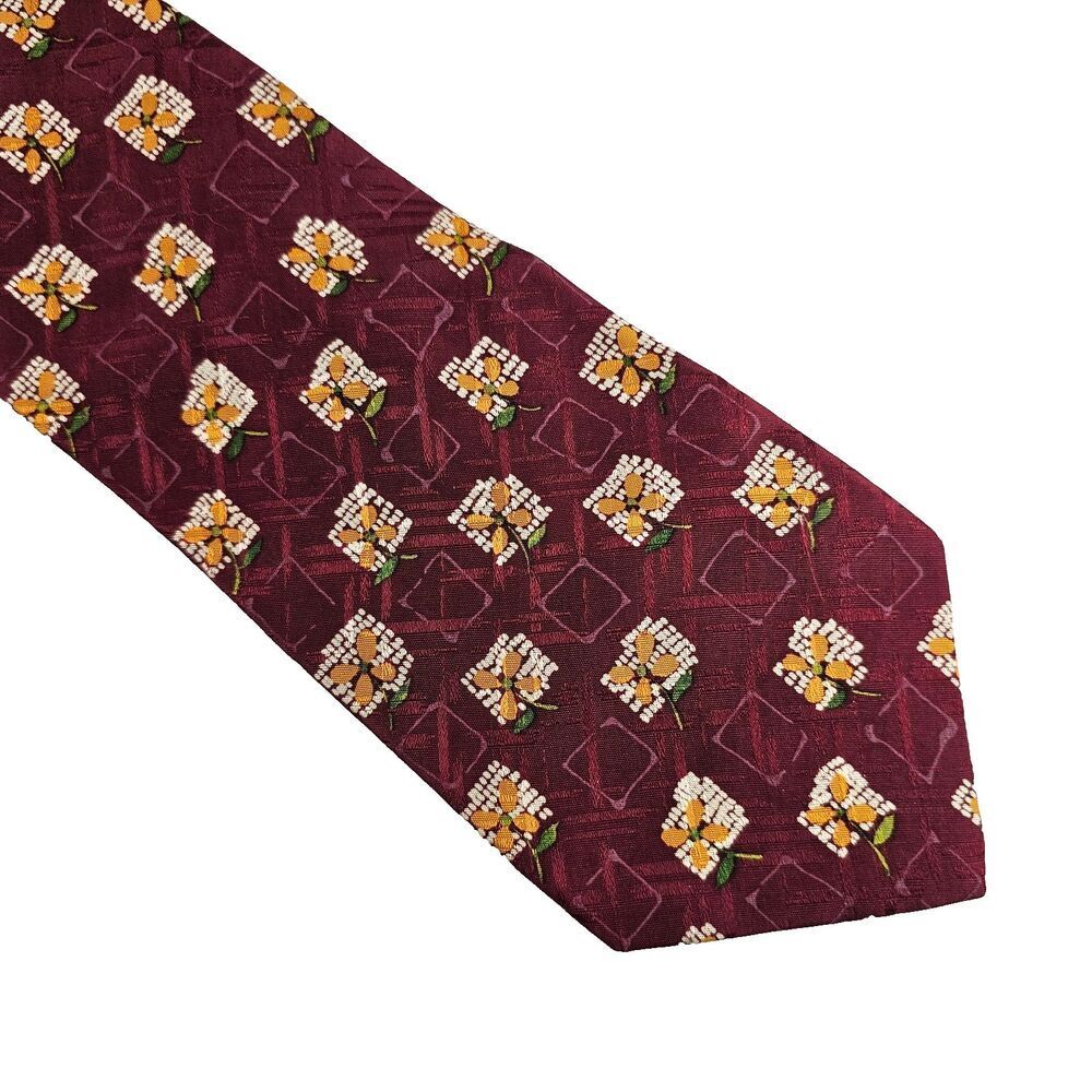 Hugo Boss Silk Tie Mens Burgundy Red Floral Pattern Necktie Made In Italy